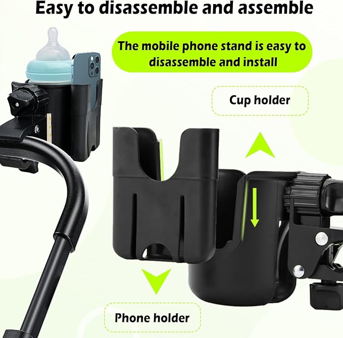 Cup Holder for Stroller Compatible with Evenflo,Uppababy, Doona, Nuna – Universal Stroller Cup Holder Attachment with Phone Holder, 360°Rotatable Bottle Holder for Bike, Wheelchair, Walker & Scooter