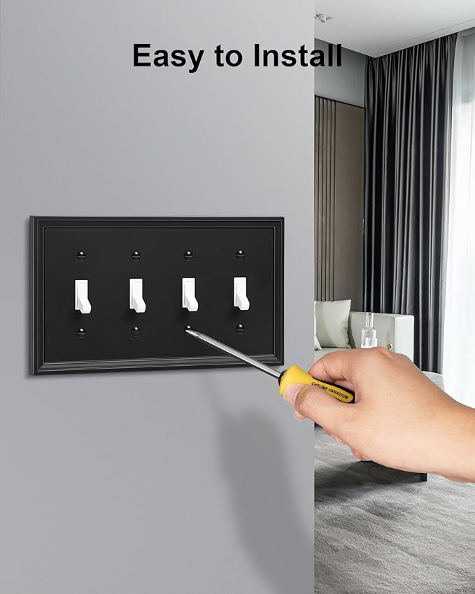 2-Pack Quad Toggle Light Switch Cover Plate, Black Decorative Switch Plate Covers, Natural Bamboo Fiber 4 Gang Wall Plate, Corrosion Resistant