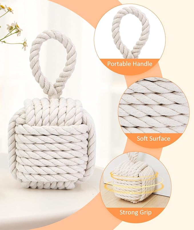 Decorative Door Stoppers for Standard Interior Doors - Cute Rope Knot Design, Weighted Doorstop for Home & School, Beige