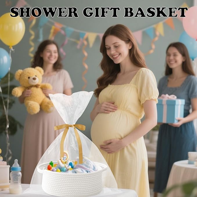 Small Woven Rope Basket-Empty Gifts Basket with Bag and Ribbons,Cute Handle Organizer Box for Birthday/Baby Shower, Toy Storage, Nursery Organizing & Shelf Decor(White)