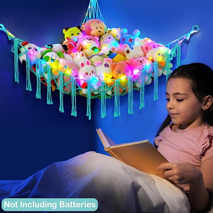 Basumee Stuffed Animals Net or Hammock with LED Light, Hanging Stuffed Animals Storage Toy Hammock Net Corner Wall Girls Room Decor Toy Storage Organizer, Light Aqua Green, XL