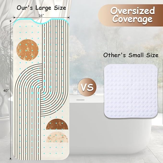 Non Slip Bathtub Mat, Bohemia Bath Mat for Tub, Extra Long Bathtub Mat Shower Mat with Suction Cups and Drain Holes for Elderly Kids Toddler Baby 40 X 16 Inch