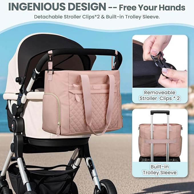 Pritent Diaper Bag Tote for Working Mom, Large Travel Diaper Tote for Mom and Dad with 14 Inch Laptop Sleeve, Mommy Maternity Travel Baby Bag for Boys and Girls, Pink