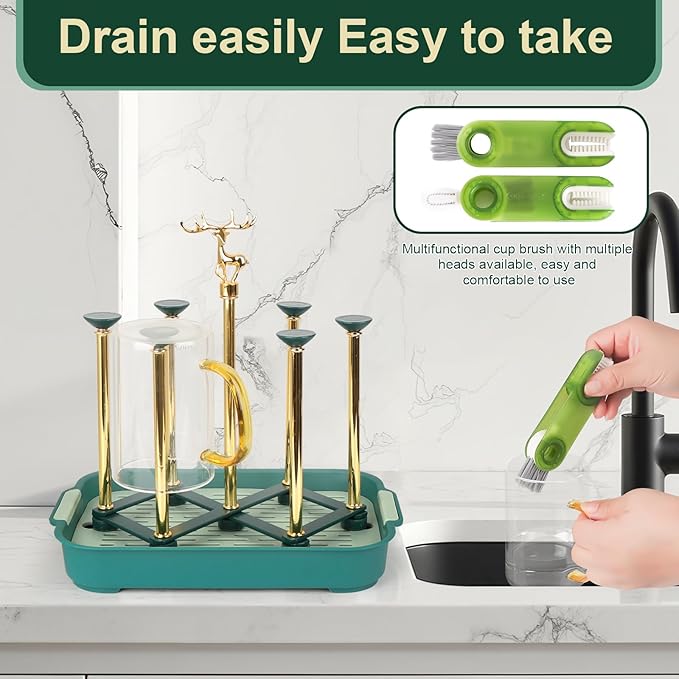 Baby Bottle Drying Rack, Foldable Stainless Steel Base, with Drip Tray & Cup Cleaning Brush, Collapsible Cup Draining Holder Non-Slip, for Kitchen Counter, Sink or Dishwasher