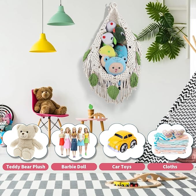 Stuffed Animal Hammock Corner w/LED Star Light, 56'' Jumbo Boho Tassel Leaf Hanging Stuffed Animal Net Holder, Cream Toy Hammock Plushie Net for Kid Girls Boys Gift Nursery Decor