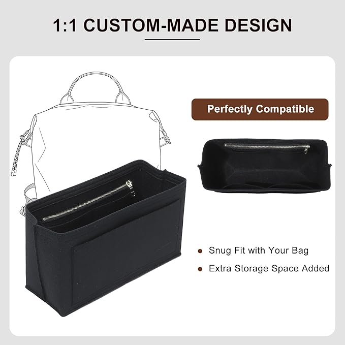 Premium Felt Purse Organizer Insert Compatible with Long Champ Le Pliage L Backpack, Lightwieight Bag Divider Shaper with 8 Pockets & YKK Zipper, Black/LB