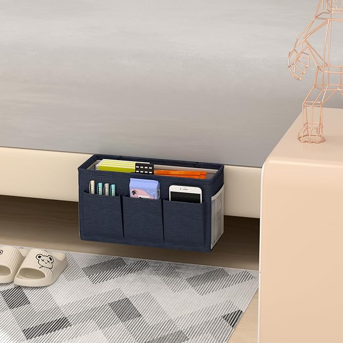 Edudif Dual-purpose Bedside Caddy Bedside Organizer, Bed Caddy with 6 Pockets, Versatile Bedside Storage Solution Magazine Remotes holder, ideal for Home, Dorm, Hospital, Crib Bed (Navy 2pcs)