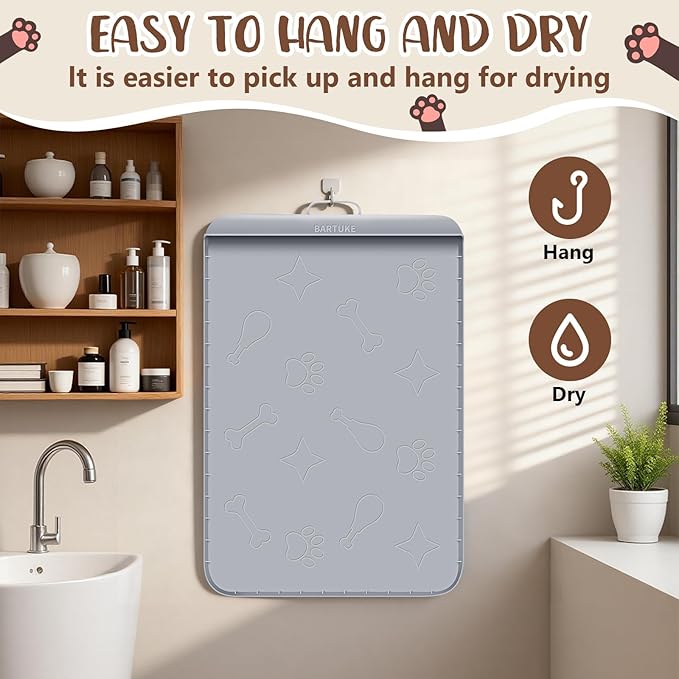 Bartuke Dog Food Mat with Collection Pocket, 42''x28'' Extra Large Silicone Pet Feeding Mat for Food and Water, Waterproof Anti-Slip Dog Mat with Edge and Handle, Pet Placement for Floor(Light Grey)