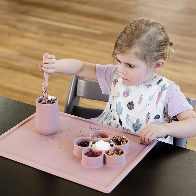 ezpz Play Mat for Baby + Toddler - 6 Months+ (Blush) - Suction Plate with Flower Compartments for Crafts, Painting, Sorting, Snack Time - Fits Standard Piece of Paper