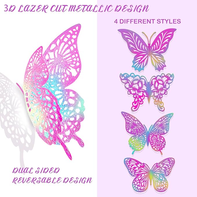 3D Butterfly Wall Decor 3 Sizes 4 Styles Butterfly Party Decorations Cake Decorations Removable Stickers Wall Decor Room Mural Metallic (Laser Pink Purple, 96Pcs)