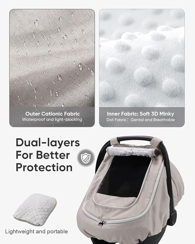 Waterproof Car Seat Cover for Baby, 2-Layer Car Seat Rain Cover with Clear Window & Sunshade & Mesh Cover, Universal Infant Carseat Canopy for Stroller, Protect from Rain and Snow - Beige