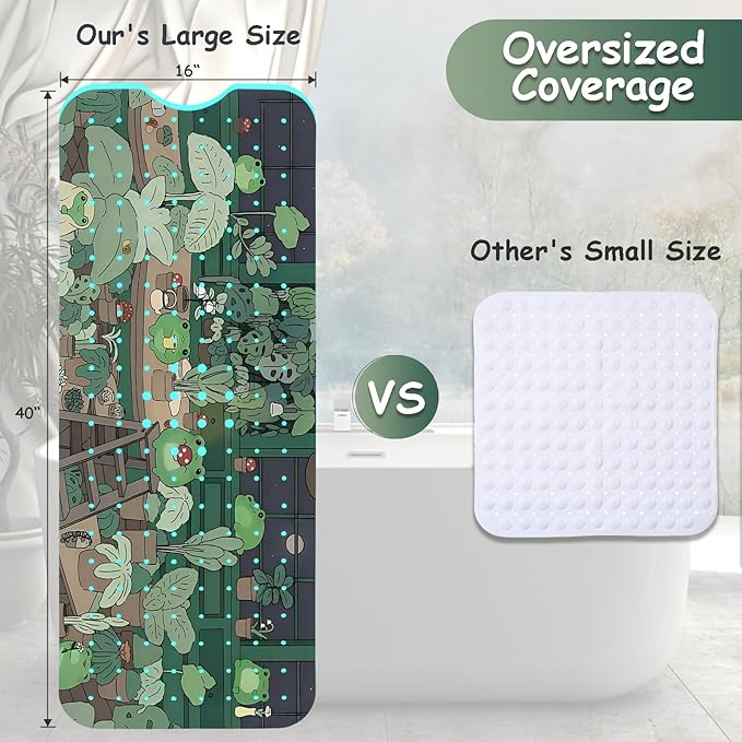 Non Slip Bathtub Mat, Frog Bath Mat for Tub, Extra Long Bathtub Mat Shower Mat with Suction Cups and Drain Holes for Elderly Kids Toddler Baby 40 X 16 Inch