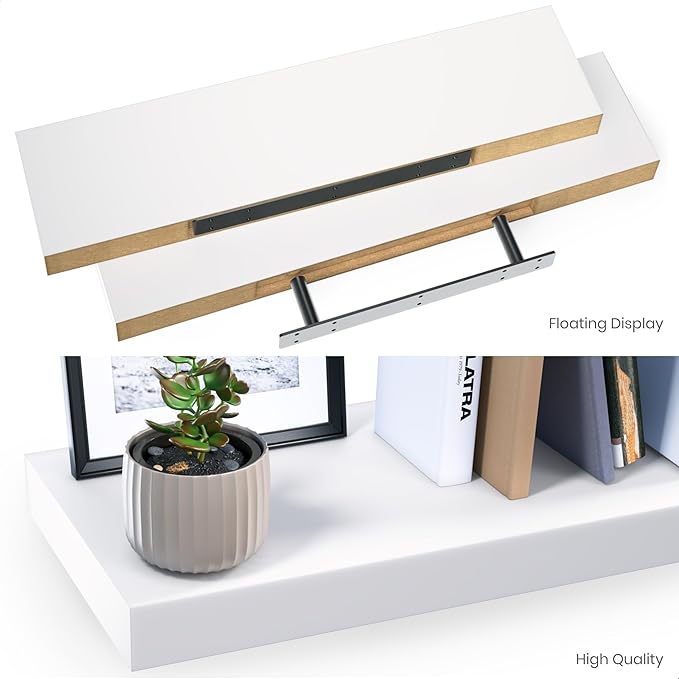 Ballucci Floating Shelves, 24" Wood Wall Shelf Set of 2, with Invisible Brackets for Bathroom, Living Room, Bedroom, Kitchen, Nursery, 6" Deep, White