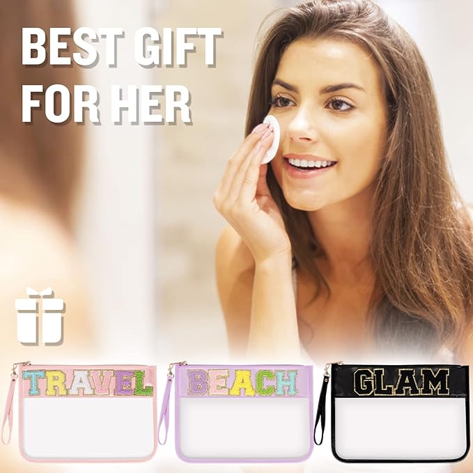 Chenille Letter Clear Snack Bags Purse Pouch, Monogram PVC & PU Clear Zipper Pouch with Wristlet, Waterproof Portable Glitter Makeup Beach Toiletry Bag for Women Girls (SNACK-White)