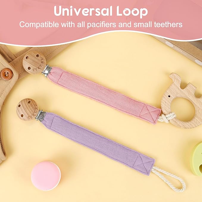 TYRY.HU Ribbon Baby Pacifier Clip Holder, Binky Paci Holder Clips, Pacifier Leash, Soft Webbing Strap, Universal Binky Leash, 2 Pack, Rose, Purple