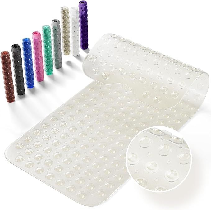 Krussier Non-Slip Bath Tub Mat, 39x16 Inch Extra Large Shower Mat with Drain Holes & Suction Cups, Machine Washable, Clear