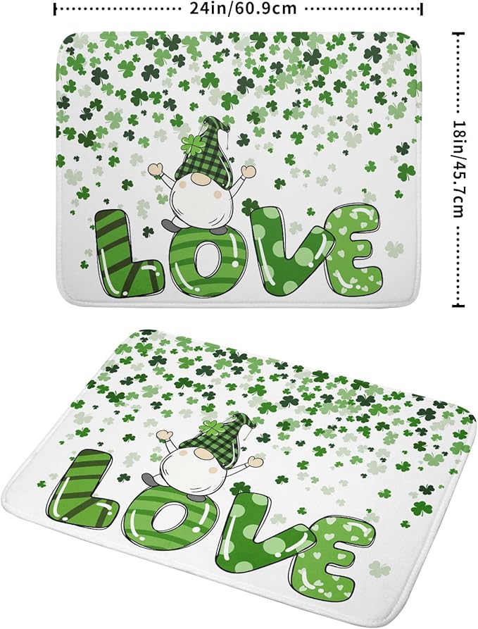 St Patrick's Day Gnomes Love Dish Drying Mat for Kitchen Counter,Green Shamrock Clovers Drying Mat 18 x 24 Inch with High Absorbent Microfiber Drainer Mat for Coffee Bar