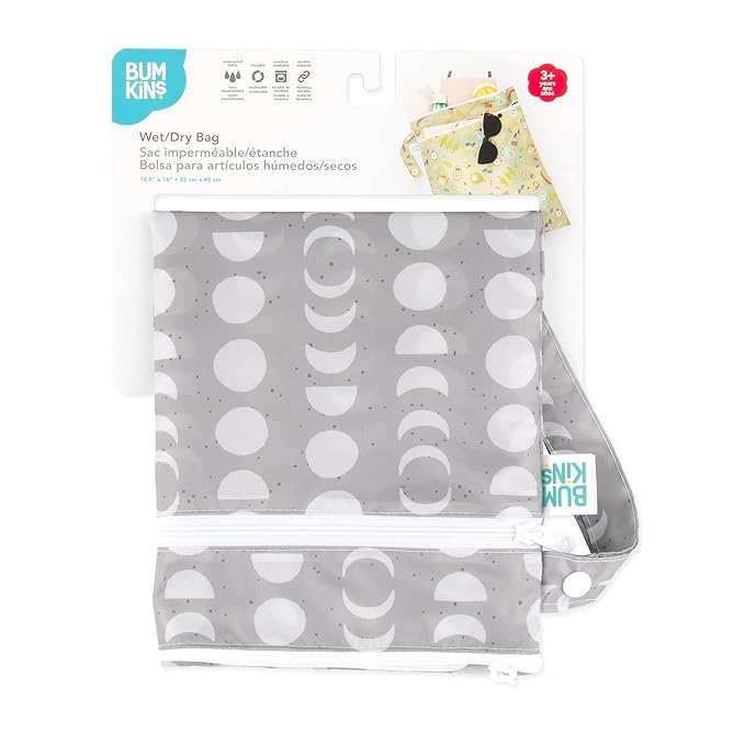 Bumkins Waterproof Wet Dry Bag for Baby, Travel, Swim Suit, Cloth Diapers, Pump Parts, Pool, Beach, Gym Clothes, Toiletry, Hook to Stroller, Daycare, Zipper Reusable Wetdry Packing Pouch, Lunar Gray