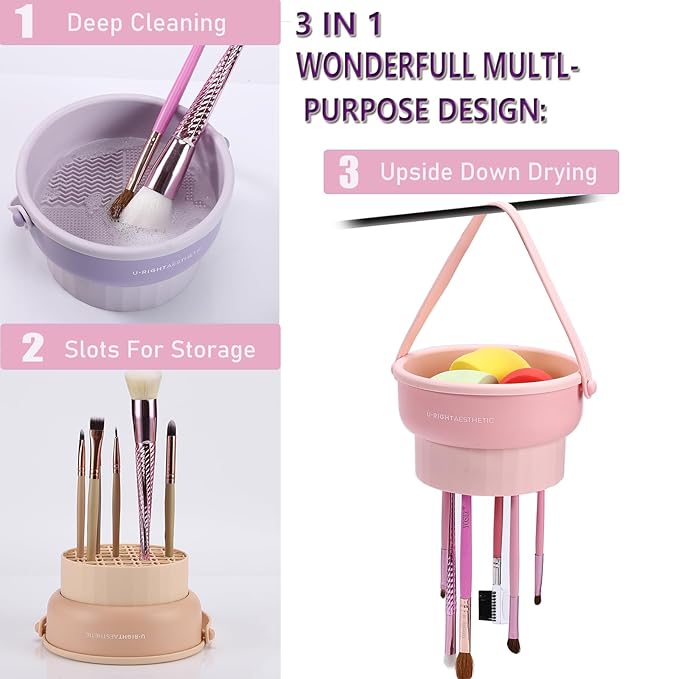 3 in 1 Brush Cleaning Mat with Brush Drying Holder, Silicone Makeup Brush Cleaner Mat Make Up Brush Cleaning Bowl Cosmetic Brush Washing Tool for Makeup Brush, Sponge, Powder Puff (Khaki)