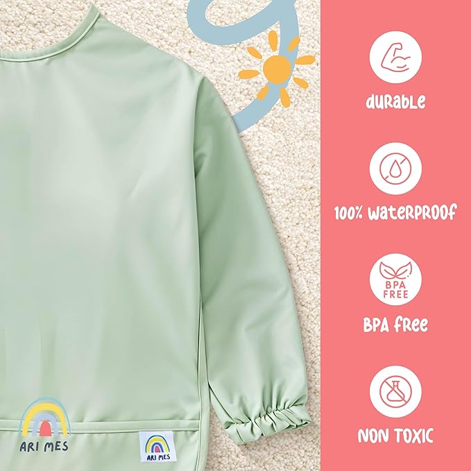 ARI MES Long Sleeves Waterproof Baby Bibs for Eating - Green Stripes, Small - Wearable, Coverall for Toddler, Long Sleeve Bib, Smock Apron for Feeding - Applicable for 6-72 Months