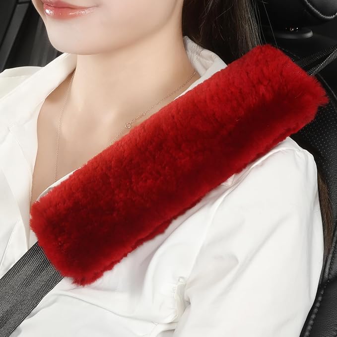 Fluffy Fuzzy Genuine Sheepskin Car Seat Belt Covers for Soft Auto Lambswool Seatbelt Pads, Shoulder Strap Cushion Adults Kids (1, Red)