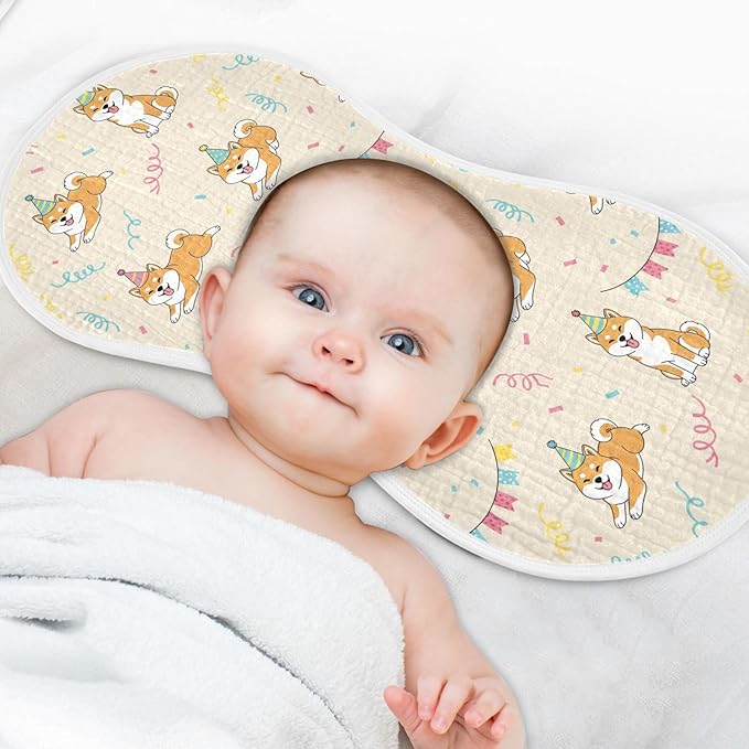 Qinllo 1 Pack Muslin Burp Cloths Shiba Dogs Party Beige Cotton Baby Burp Cloths Soft Burping Cloth Absorbent Spit Up Rags for Newborn Babies 22x11 Inch