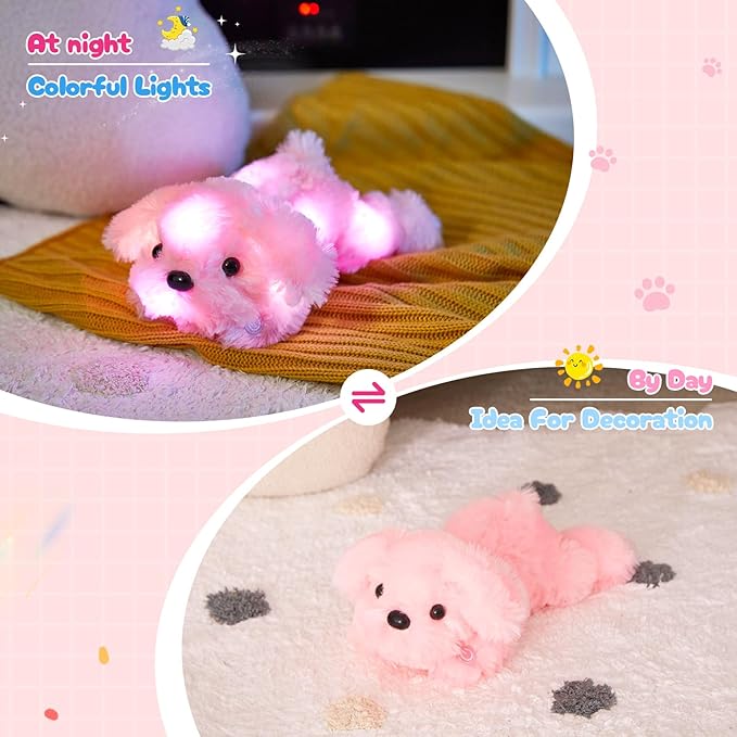 WEWILL 10'' Light up Pink Puppy Dog LED Stuffed Animal with Colorful Night Light Glow Soft Plush Toy Gifts for Kids on Christmas Birthday