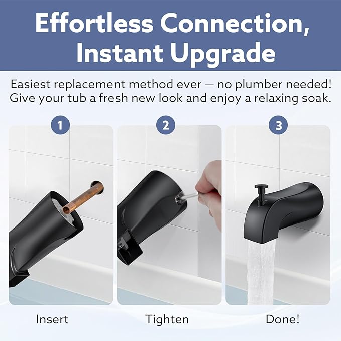 Tub Spout with Diverter – Slip-Fit Bathtub Faucet Spout Replacement, 1/2” Copper Pipe Connection, Easy to Install, Universal for Bathroom Shower (Matte Black)