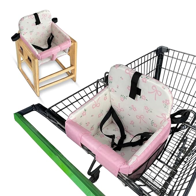 Shopping Cart Seat Cover for Baby, High Chair & Grocery Seat Protector, Padded Chair Covers for Restaurant Seats, Unisex Machine Washable Grocery Cart Liner & Swing Insert – Pink Bows