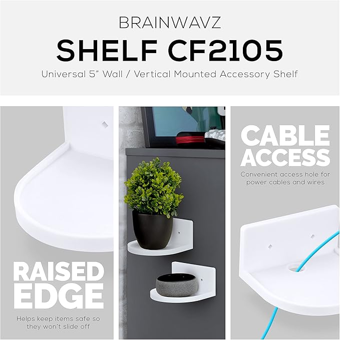 BRAINWAVZ 5” Small Floating Shelf, Adhesive & Screw in, for Bluetooth Speakers, Cameras, Plants, Books, Toys & More, Universal Shelves, Easy to Install Shelf CF2105 White