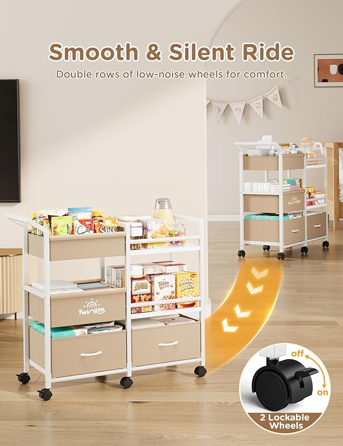2-in-1 Baby Diaper Caddy Organizer, 3 Tier Rolling Storage Cart with Dividers and Drawers, Baby Essentials for Nursery Storage, Mobile Utility Cart with Wheels Large Capacity Easy to Assemble