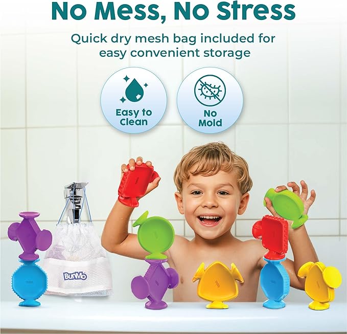 BUNMO Big Shapes Textured Suction Bath Toys for Toddlers 1–3 (10 Pack), Extra Large Silicone Bathtub Toys, BPA-Free Suction Cup Toys, Bath Toys for Kids Ages 1+, Sensory Bath Toys