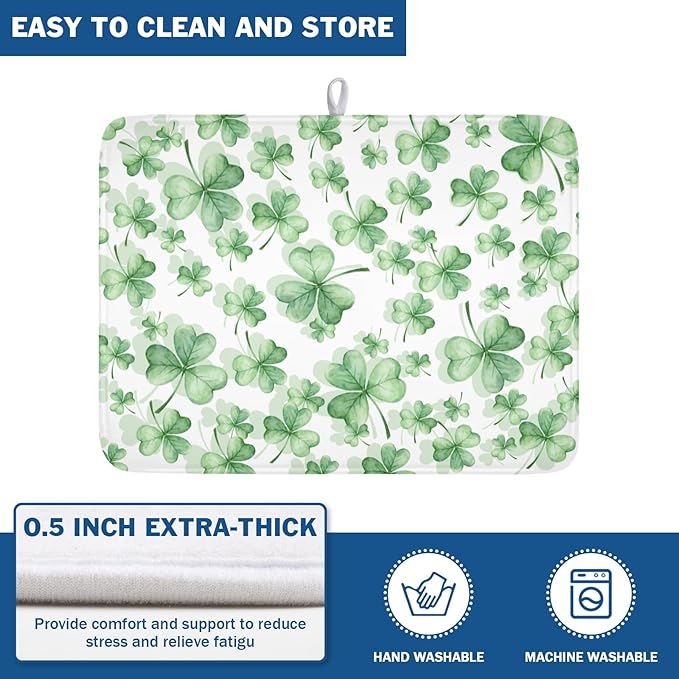 St Patrick's Day Dish Drying Mat for Kitchen Counter,Green Lucky Charm Shamrocks Drying Mat 18 x 24 Inch with High Absorbent Microfiber Drainer Mat for Coffee Bar