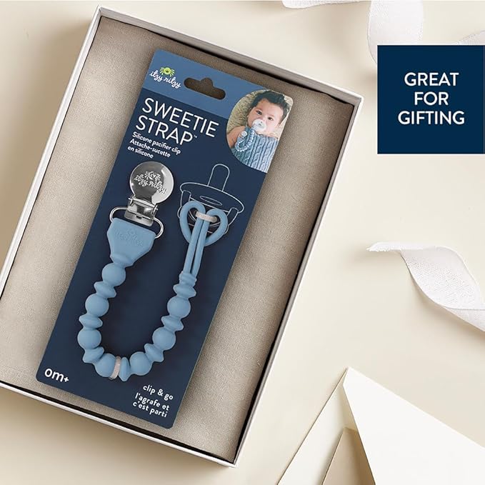 Itzy Ritzy Silicone Pacifier Clip – 100% Food Grade Silicone Pacifier Strap with Clip Keeps Pacifiers, Teethers & Small Toys in Place Features One-Piece Design & Cord (Blue)
