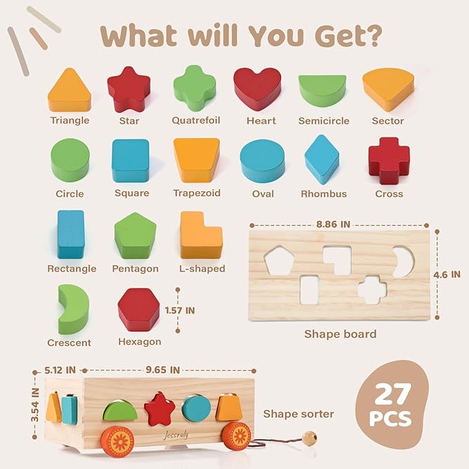 Jessruly Shape Sorter - Montessori Wooden Learning Shapes Toy with 17 Shape Blocks - Early Education and Sensory Development Storage Pull Car for Toddlers, SSC03