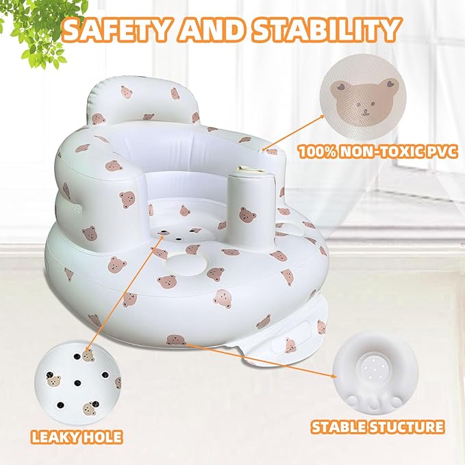 AGITVPS Inflatable Baby Seat for Babies 3-36 Months, Built in Air Pump Baby Chair Sit Me up Floor Seat for Baby, Bumbo Seat for Learning to Sit, Feeding, Camping (Bear)
