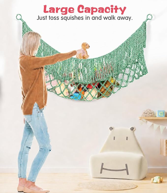 Stuffed Animal Hammock - Extra Large 63'' Long, Stuffed Animal Storage, stuffed animal Holder net, Hammock Large, Storage Hanging Organizer - green-white