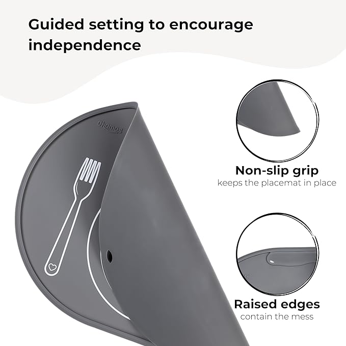 CHAMOS Silicone placemats for Toddlers - Montessori placemat for Round Table - Oval Kids placemats for Dining Table - Non Slip, Small, Educational placemats (Gray), 14.17x10.23 inch