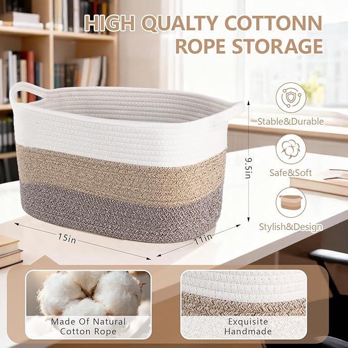 AOFANGSHIYE 3PCS Grey Cotton Rope Woven Storage Basket, 15x10x8.7 Inches Shelf Organizer for Baby Gift Baskets, Toys, Laundry, Baby Blankets & Empty Gift Baskets