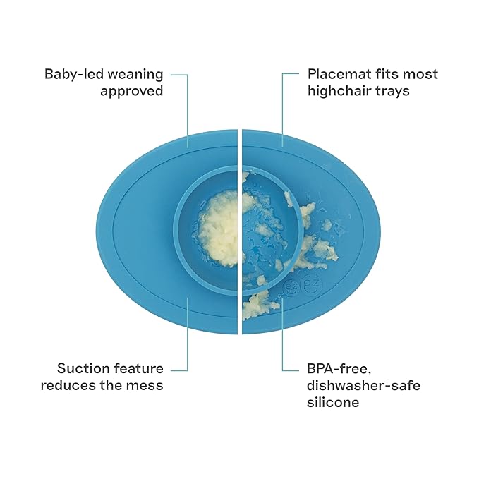 ezpz Tiny Bowl (Blue) - 6 Months+ - 100% Silicone Suction Placemat + Bowl for Infants - Fits All Highchair Trays - Baby-Led Weaning Supplies