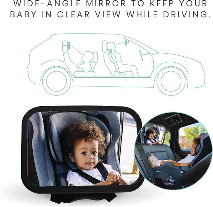 Lulyboo Large Baby Car Mirror with 360 Rotation & Adjustable Straps, Extra Wide Rear Facing Mirror for Safe Driving, Fits All Headrests, Black