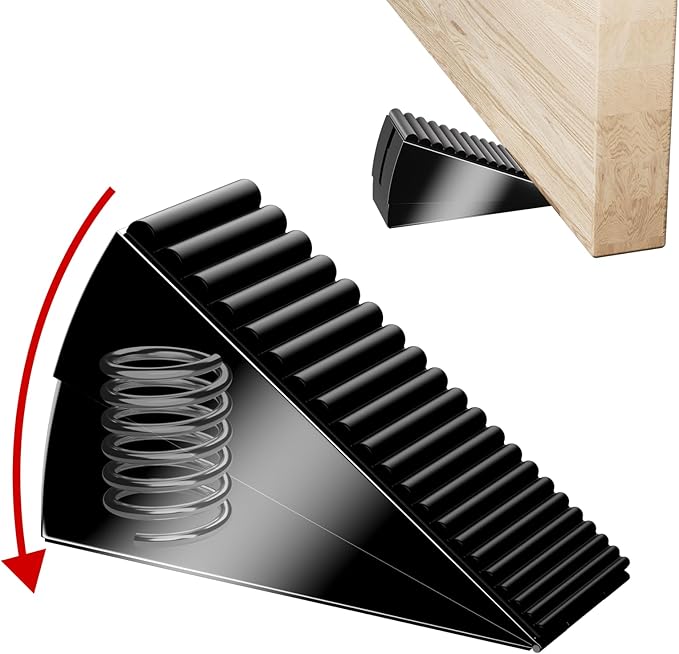 Heavy Duty Metal Door Stop, Strongest Large Adjustable Spring Door Stopper Up to 3 inch Tall, Door Stoppers for Bottom of Door, Stainless Steel Black Rubber Door Wedge for Any Heavy Doors