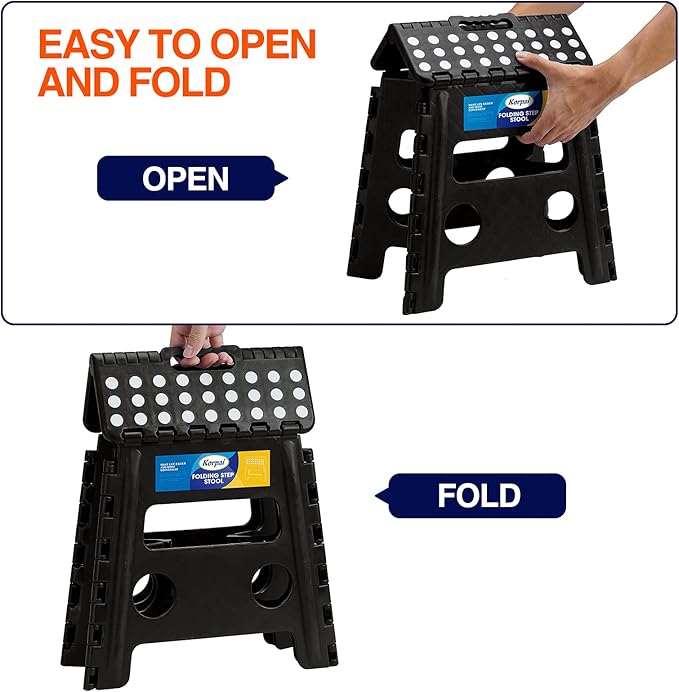 Korpai 13" Folding Step Stool for Adults and Kids Holds Up to 300 lbs,Non-Slip Folding Stools with Portable Handle, Compact Plastic Foldable Step Stool for Bathroom,Bedroom, Kitchen,Black,1PC