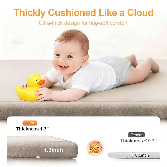 Ultra Soft Baby Play Mat for Floor, 59"×71" Playpen Mat, 1.3" Thick Memory Foam, Non-Slip Tummy Time Mat for Infants, Toddlers, and Kids – Water-Repellent Coral Velvet, Easy Care