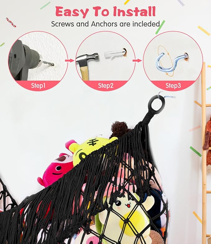Stuffed Animal Hammock - Extra Large 63'' Long, Stuffed Animal Storage, stuffed animal Holder net, Hammock Large, Storage Hanging Organizer - Black