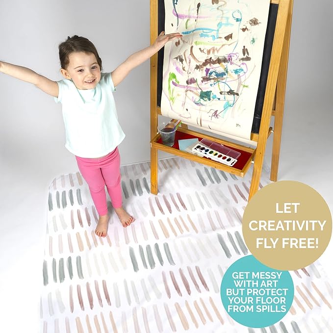 JumpOff Jo - Large Baby Splat Mat for Under High Chair, Booster Seat, Tabletop, Food Catcher - Protect Floor and Carpet from Spills & Crafts - Waterproof and Washable (Dashes)
