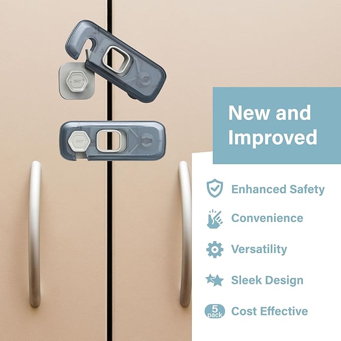 Heart of Tafiti 5 Pack Childproof Refrigerator Lock, French Fridge Door Latches, Baby Safety Locks for Cabinet, Cupboard, Drawers, Dishwasher, Oven, Closet, Strong Adhesive-Easy to Install, Clear