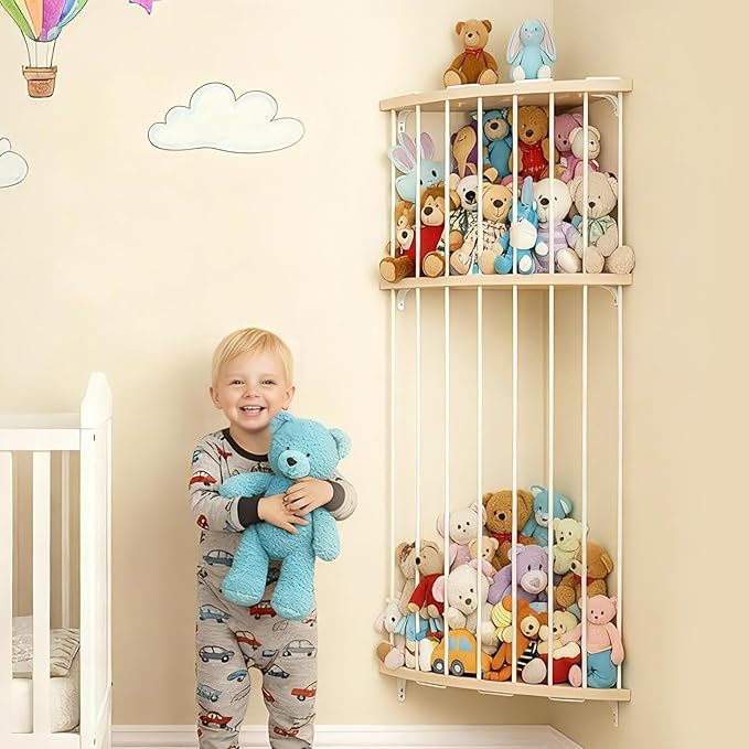 Feagar Three Tier Stuffed Animal Storage Wood Corner Plush Toys Holder, Adjustable Hanging Stuffed Animal Organizer Shelf for Nursery Playroom Bedroom