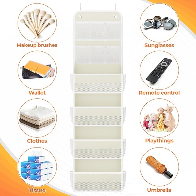 6-Tier Over The Door Organizer with Mesh Pockets, Baby Nursery Storage for Closet, Bathroom and Bedroom, Adjustable Hanging Closet Organizer for Cosmetics, Books and Essentials（Beige）
