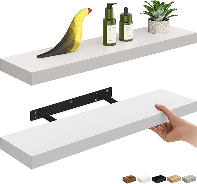 Ballucci Floating Shelves, 24" Wood Wall Shelf Set of 2, with Invisible Brackets for Bathroom, Living Room, Bedroom, Kitchen, Nursery, 6" Deep, White